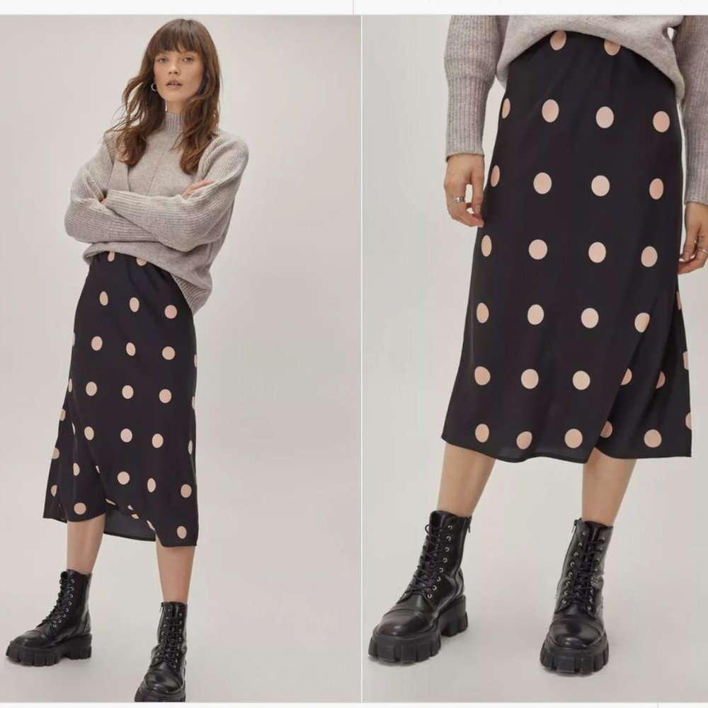 NWT nasty gal silky black polka dot midi skirt - Picture 1 of 4
